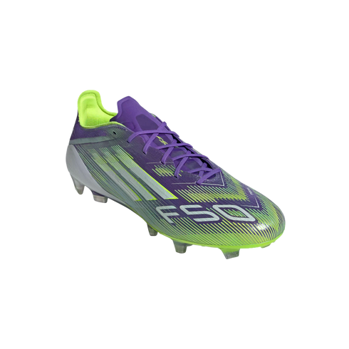 A purple and lime green F50 soccer cleat featuring silver textured stripes and branding, set against a solid black background.