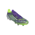 A purple and lime green F50 soccer cleat featuring silver textured stripes and branding, set against a solid black background.