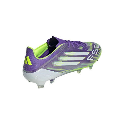 A purple Adidas F50 soccer cleat with lime green and white accents, viewed from the rear side against a black background.
