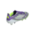 A purple Adidas F50 soccer cleat with lime green and white accents, viewed from the rear side against a black background.