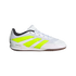A white Adidas indoor soccer shoe featuring three slanted neon yellow stripes, white laces, and a brown gum rubber sole. The words "INDOOR SALA" appear on the heel.