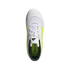 Top-down view of a white Adidas Predator soccer shoe with lime green accents and a black interior, set against a black background.