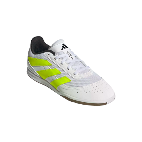 A white Adidas Predator indoor soccer shoe with neon yellow stripes and a gum sole, shown from a three-quarter angle against a black background.
