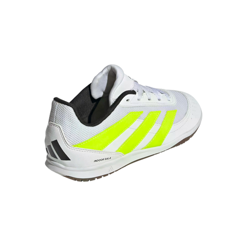 White Adidas indoor soccer shoe with neon yellow stripes and black accents, featuring "INDOOR SALA" branding.