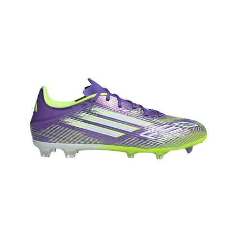 A purple and lime green Adidas F50 soccer cleat with white stripes and lettering, shown from the side against a solid black background.
