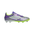 A purple and lime green Adidas F50 soccer cleat with white stripes and lettering, shown from the side against a solid black background.
