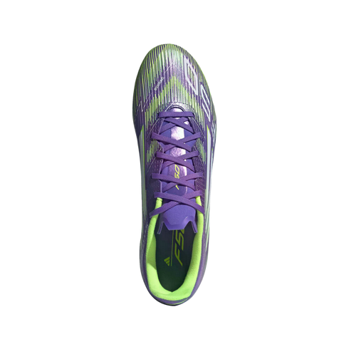 Top-down view of a purple and lime green Adidas F50 soccer cleat with a striped upper, shown against a solid black background.