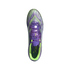 Top-down view of a purple and lime green Adidas F50 soccer cleat with a striped upper, shown against a solid black background.