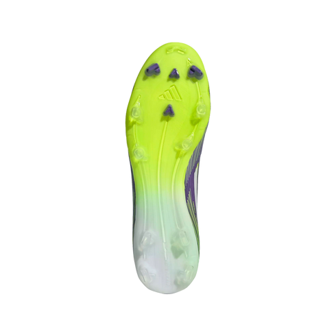 Neon yellow and white Adidas soccer cleat soleplate with purple and clear studs, viewed from the bottom against a black background.