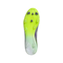 Neon yellow and white Adidas soccer cleat soleplate with purple and clear studs, viewed from the bottom against a black background.