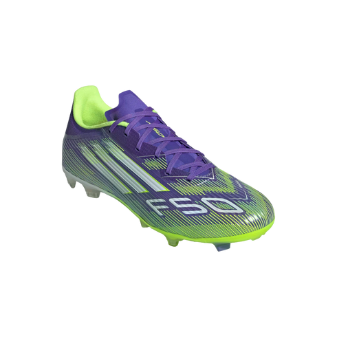 Adidas F50 soccer cleat in purple and lime green with silver stripes and branding, set against a solid black background.