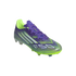 Adidas F50 soccer cleat in purple and lime green with silver stripes and branding, set against a solid black background.