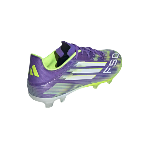 A purple and neon yellow Adidas F50 soccer cleat seen from a rear three-quarter view against a black background. It features white side stripes and a textured upper.