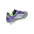 A purple and neon yellow Adidas F50 soccer cleat seen from a rear three-quarter view against a black background. It features white side stripes and a textured upper.
