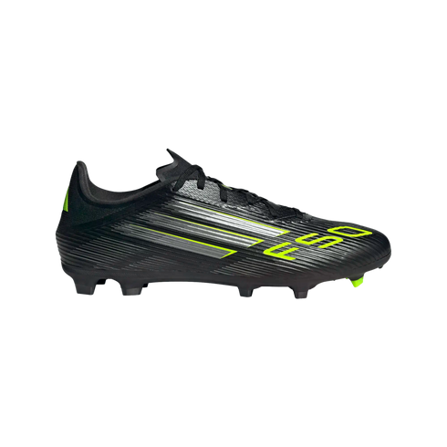 A profile view of a black soccer cleat featuring silver and neon yellow diagonal stripes and "F50" branding on the toe.
