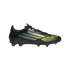 A profile view of a black soccer cleat featuring silver and neon yellow diagonal stripes and "F50" branding on the toe.