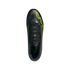 Top-down view of a black Adidas soccer cleat with neon yellow accents and "F50" branding against a solid black background.
