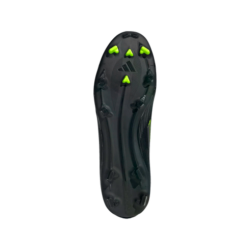 Bottom view of a black Adidas soccer cleat soleplate featuring neon green and black studs and an embossed logo.