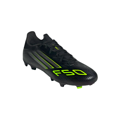 Black Adidas F50 soccer cleat with neon green stripes and 'F50' logo on a black background.