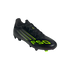Black Adidas F50 soccer cleat with neon green stripes and 'F50' logo on a black background.