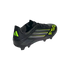 A black Adidas F50 soccer cleat featuring lime green accents and speed line graphics, shown from a rear side angle on a solid black background.