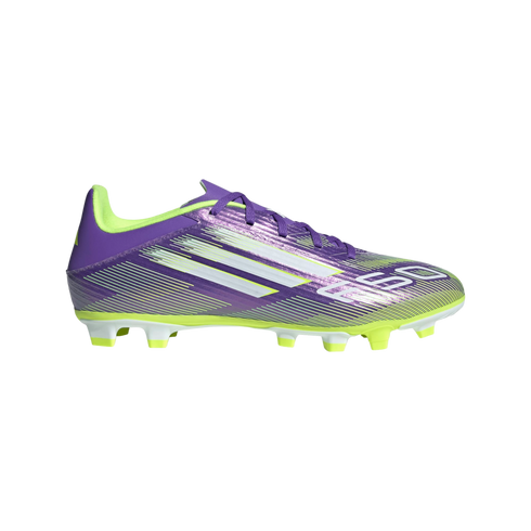 Side profile of a purple Adidas soccer cleat with white stripes, lime green accents, and a metallic finish on a black background.