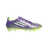 Side profile of a purple Adidas soccer cleat with white stripes, lime green accents, and a metallic finish on a black background.
