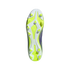 Underside of a bright yellow and white Adidas soccer cleat, highlighting its stud pattern for traction.