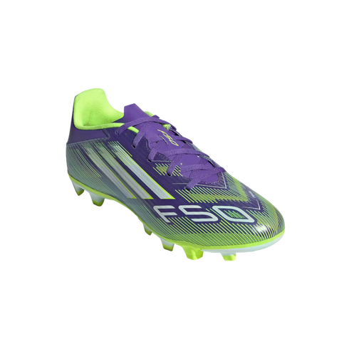 A purple and lime green Adidas F50 soccer cleat on a black background, featuring a graphic pattern and signature three stripes.