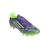 A purple and lime green Adidas F50 soccer cleat on a black background, featuring a graphic pattern and signature three stripes.