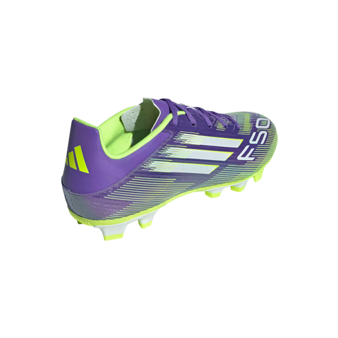 A purple and lime green Adidas F50 soccer cleat with white stripes, shown from a rear three-quarter view against a black background.