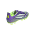 A purple and lime green Adidas F50 soccer cleat with white stripes, shown from a rear three-quarter view against a black background.