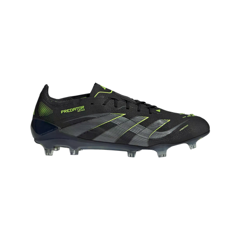 Black Adidas Predator soccer cleat with neon yellow accents and grey stripes, shown in profile against a black background.