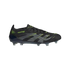 Black Adidas Predator soccer cleat with neon yellow accents and grey stripes, shown in profile against a black background.