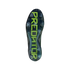Bottom view of a dark Adidas Predator soccer cleat outsole featuring large, lime green "PREDATOR" branding and clear studs against a black background.