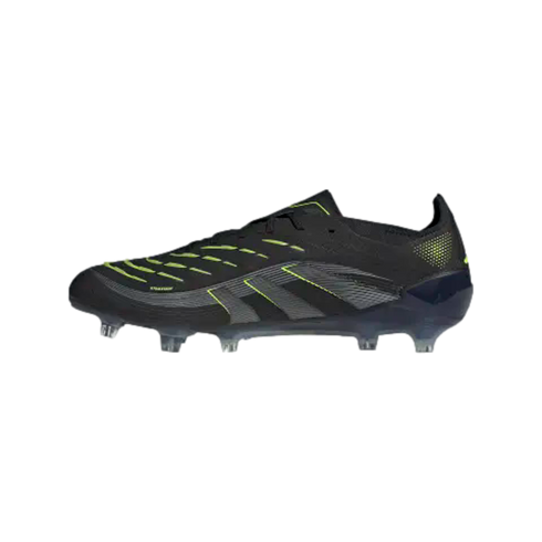 Profile view of a black soccer cleat with neon yellow accents and translucent studs against a black background.