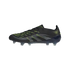 Profile view of a black soccer cleat with neon yellow accents and translucent studs against a black background.