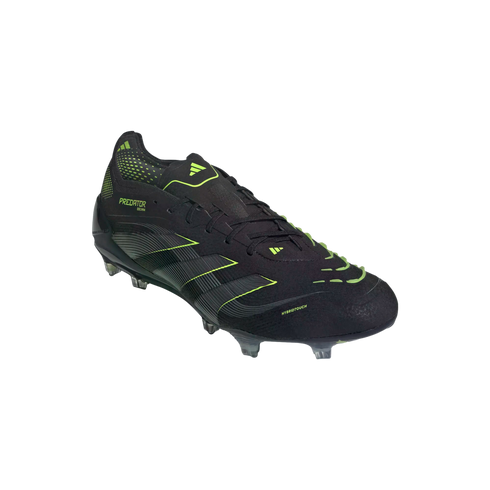 A side view of a black Adidas Predator soccer boot with neon green accents and a textured upper, set against a solid black background.