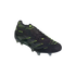 A side view of a black Adidas Predator soccer boot with neon green accents and a textured upper, set against a solid black background.