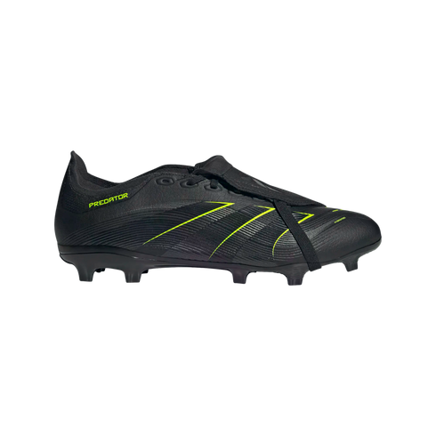 Black Adidas Predator soccer cleat featuring lime green accents and a fold-over tongue with an elastic strap.