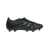 Black Adidas Predator soccer cleat featuring lime green accents and a fold-over tongue with an elastic strap.