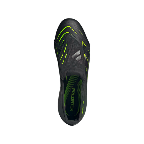 A top-down view of a black Adidas Predator soccer cleat with neon green accents, featuring a fold-over tongue and "PREDATOR" text on the insole.