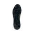 The soleplate of a black Predator soccer boot, featuring molded studs, an embossed logo, and a black elastic forefoot strap.