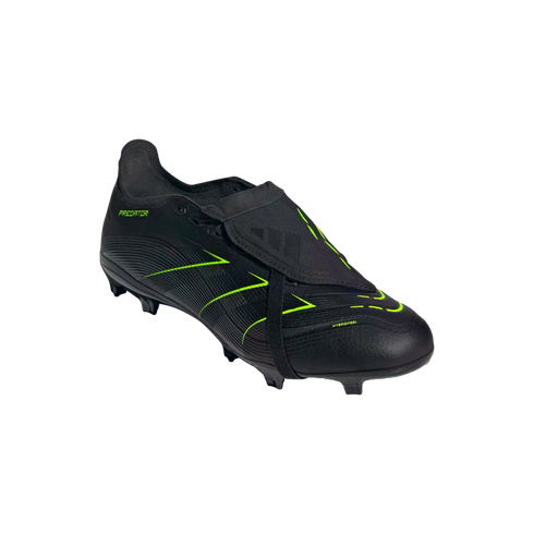 Black Adidas Predator soccer cleat with neon green accents and a fold-over tongue on a black background.