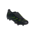 Black Adidas Predator soccer cleat with neon green accents and a fold-over tongue on a black background.