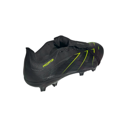 A black Adidas Predator soccer cleat with neon green stripes and branding, shown from a rear three-quarter angle.