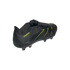 A black Adidas Predator soccer cleat with neon green stripes and branding, shown from a rear three-quarter angle.