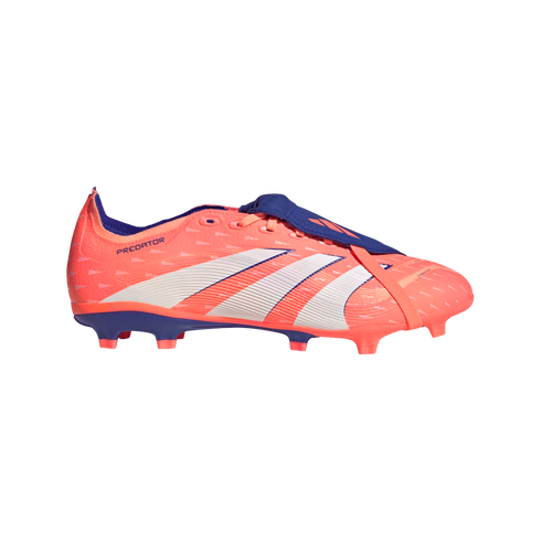 Side-view profile of an orange Adidas Predator soccer cleat with white stripes and blue accents, featuring a fold-over tongue, isolated on a solid black background.