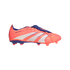 Side-view profile of an orange Adidas Predator soccer cleat with white stripes and blue accents, featuring a fold-over tongue, isolated on a solid black background.