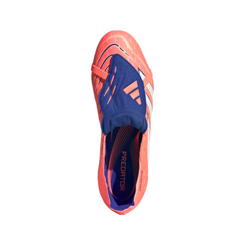 Top-down view of a coral and blue Adidas Predator soccer cleat against a black background, featuring a blue lace cover and white stripes on the side.